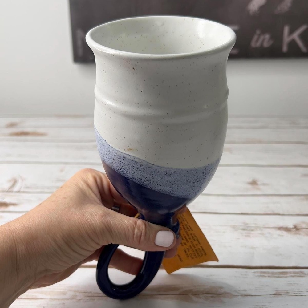 Kings Potteries Grog Horn Drinking Vessel Blue White Speckled Vintage 8.5in